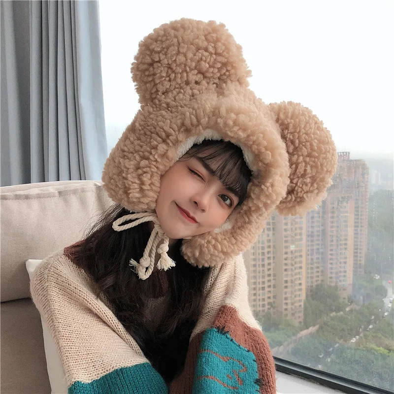 Women Winter Thicken Plush Warm Earflap Hat Cute Bear Ears Windproof Beanie Cap with drawstring Chin Strap 2