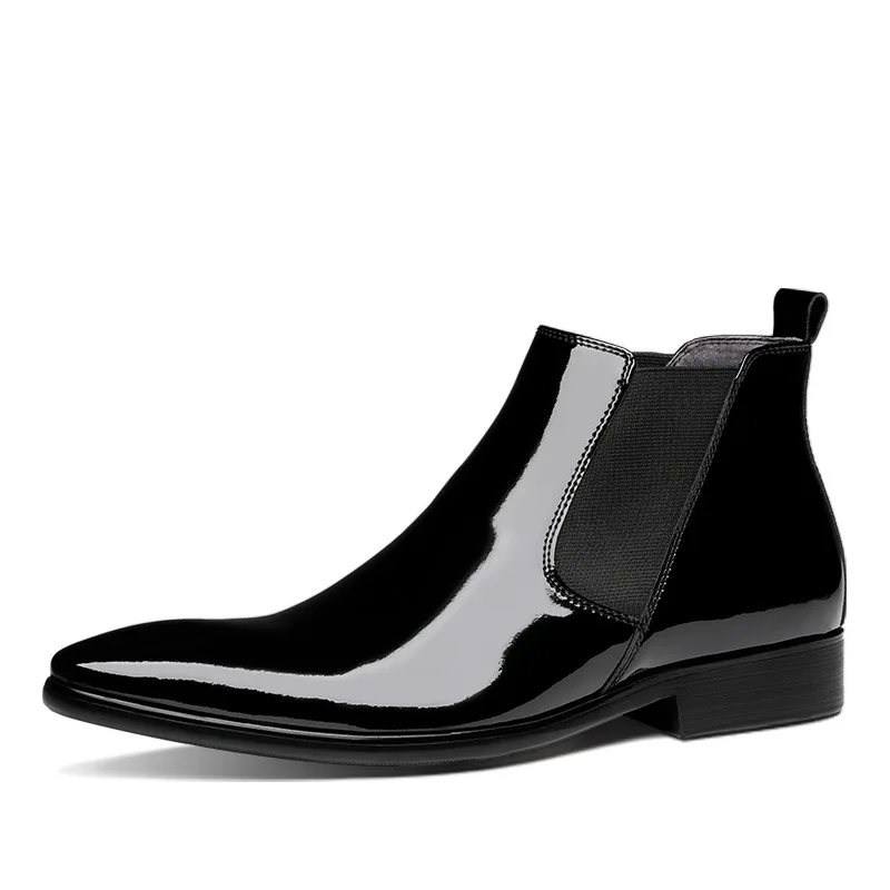 

Ankle Men Leather Boots Patent Cowhide Shoes Work Lace-up Bota Masculina the Pointed-Toe Genuine Leather Comfortable-