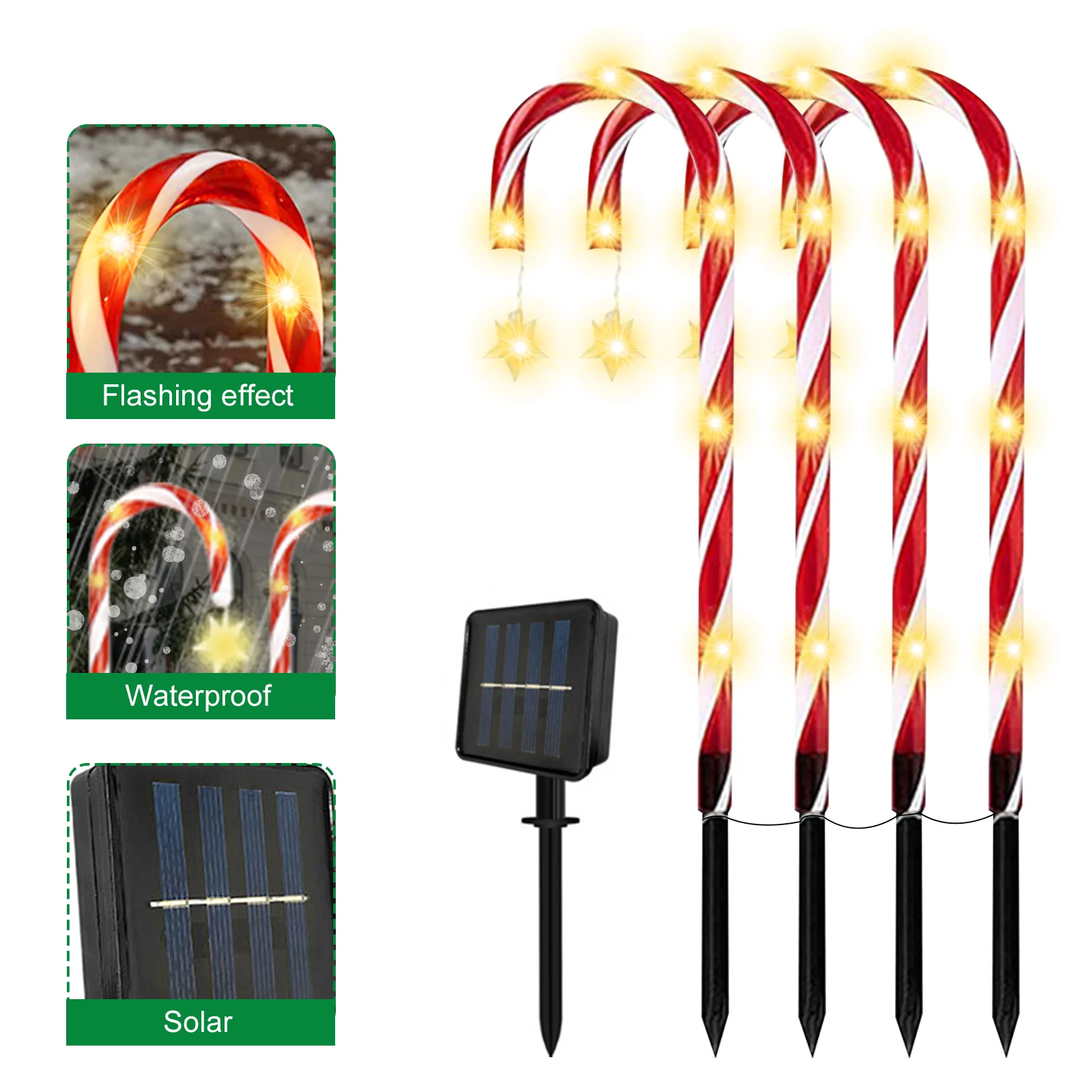 8Pcs Solar Candy Cane Lights Waterproof Christmas Candy Cane Pathway