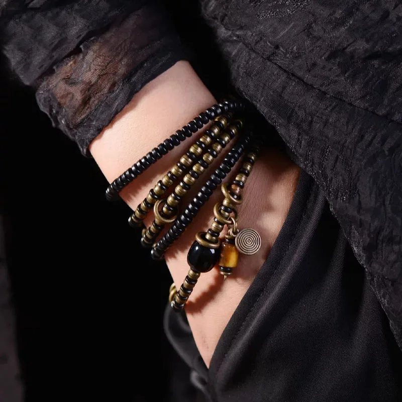 Винтажный Бронзовый многослойный браслет из натурального камня, мужской черный браслет из черного дерева, женские браслеты ручной работы, подарок для Него AT-05