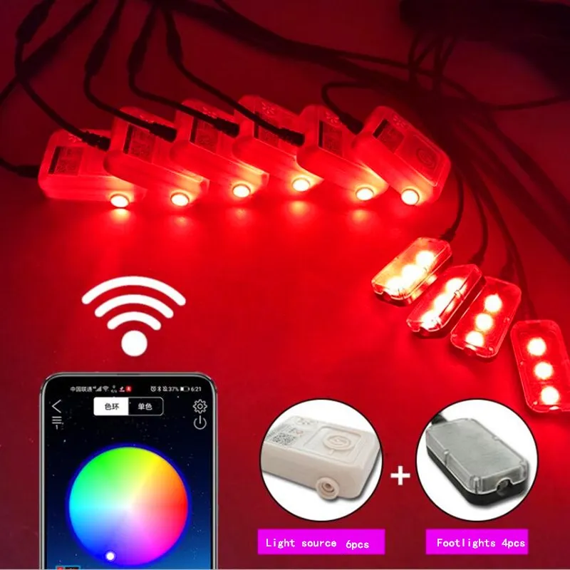 10 Pcs X 3W 64 Colors LED Car Ambient Lights + 4 Foot Lamps + 9M Optical Fibre Wireless No Threading App Control Universal