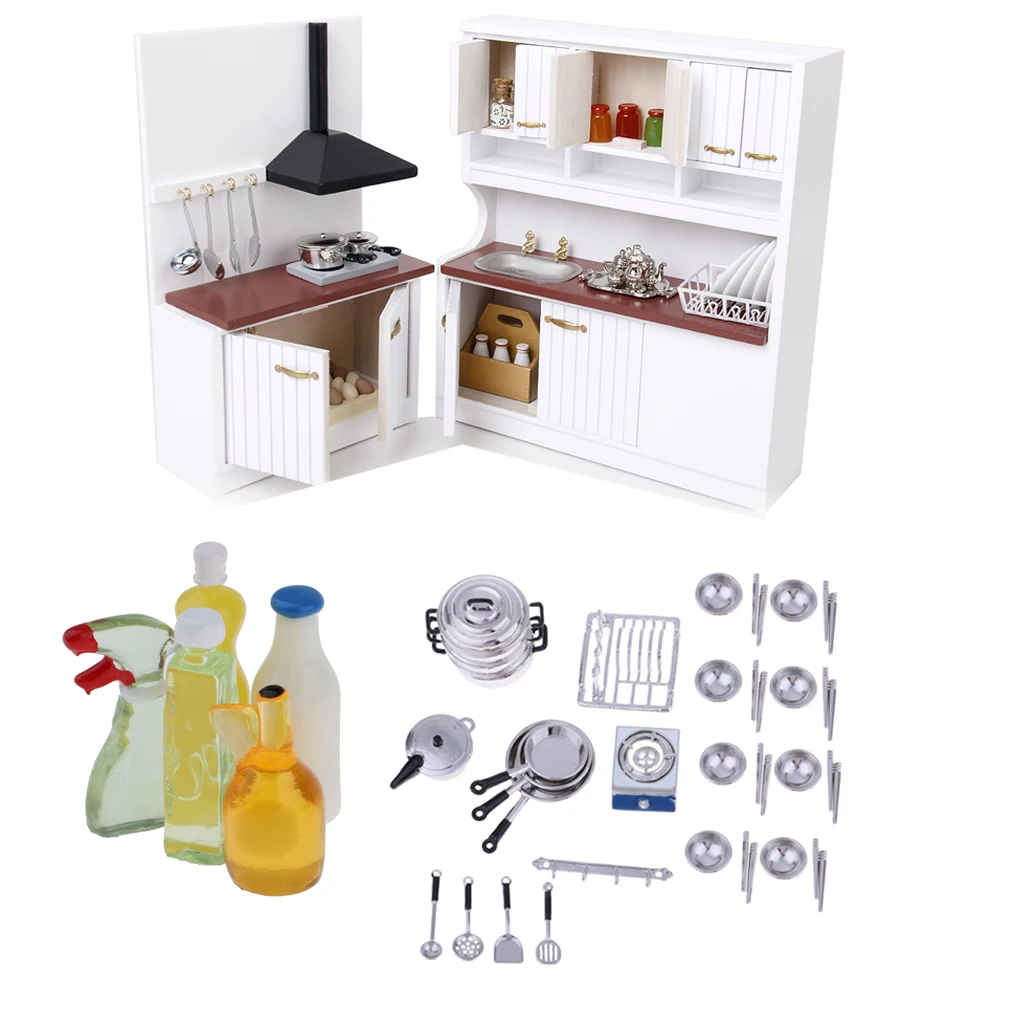 

1/12 Scale Dollhouse Furniture Wooden Kitchen Set Metal Tableware Set and Cleaning Tools Furniture for Kids Gift Classic Toys