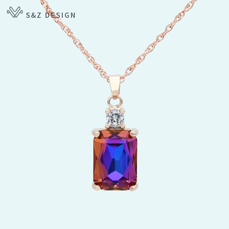 S&Z DESIGN New Square Crystal 585 Rose Gold Color Pendant Necklace For Women Wedding Party Fashion Jewelry