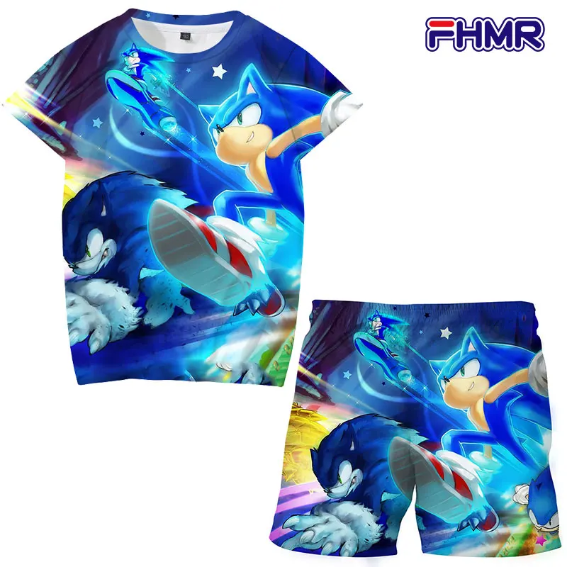 Summer 2 Piece Set Of Children's Short-sleeved + Pants Fashion Comics Super Sonic- T-shirt Boy Elastic Waist Shorts Baby Pajamas boy kid suit Clothing Sets