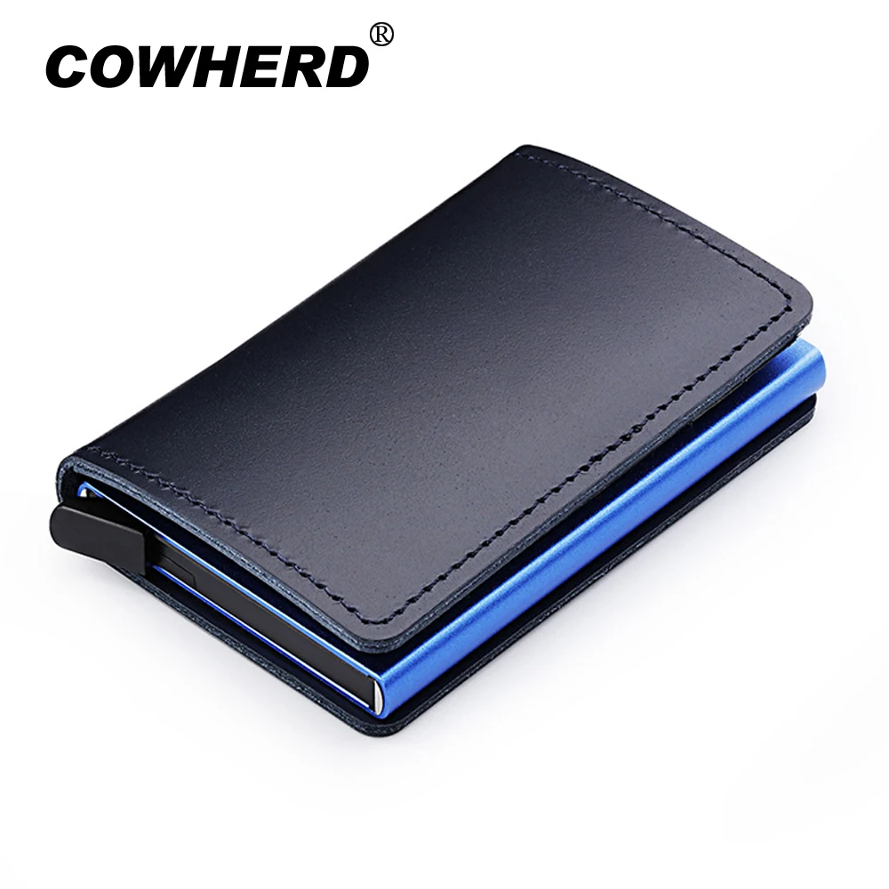 

RFID Protected 100% Genuine Leather Card Holder Men Aluminum Metal Business Slim ID Credit Cardholder Multifunction Mini Wallet