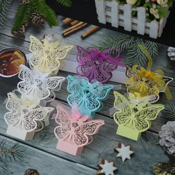 

100PCS Butterfly Laser Cut Hollow Carriage Favors Box Gifts Candy Dragees Boxes Wedding Cake Boxes and Packaging Paper Bags