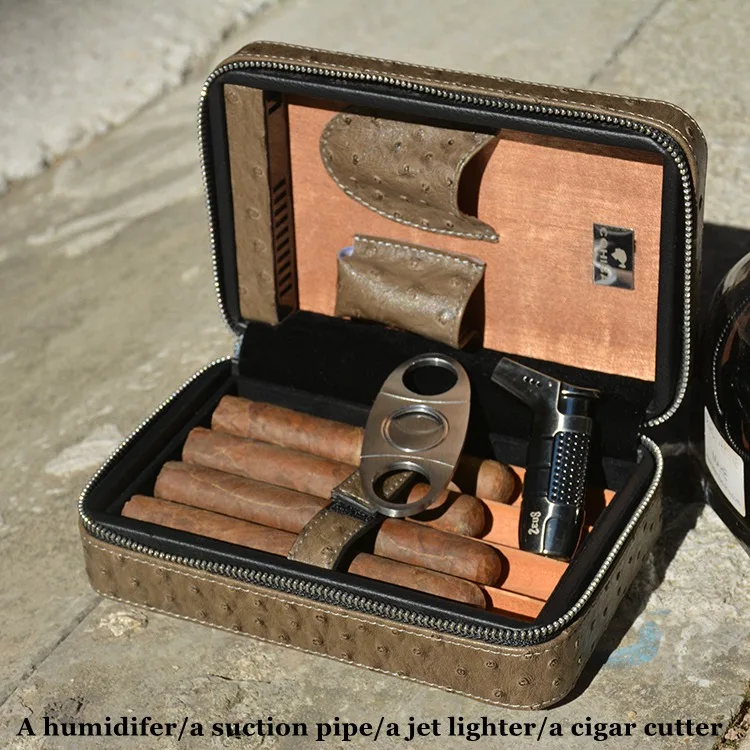 lighter and cutter Серый Страус зерна дорожный увлажнитель для сигар COHIBA Fit Куба Habanos 4 сигары Макс 57 кольцо с сигарой Jet зажигалка сигары резак - Цвет: lighter and cutter
