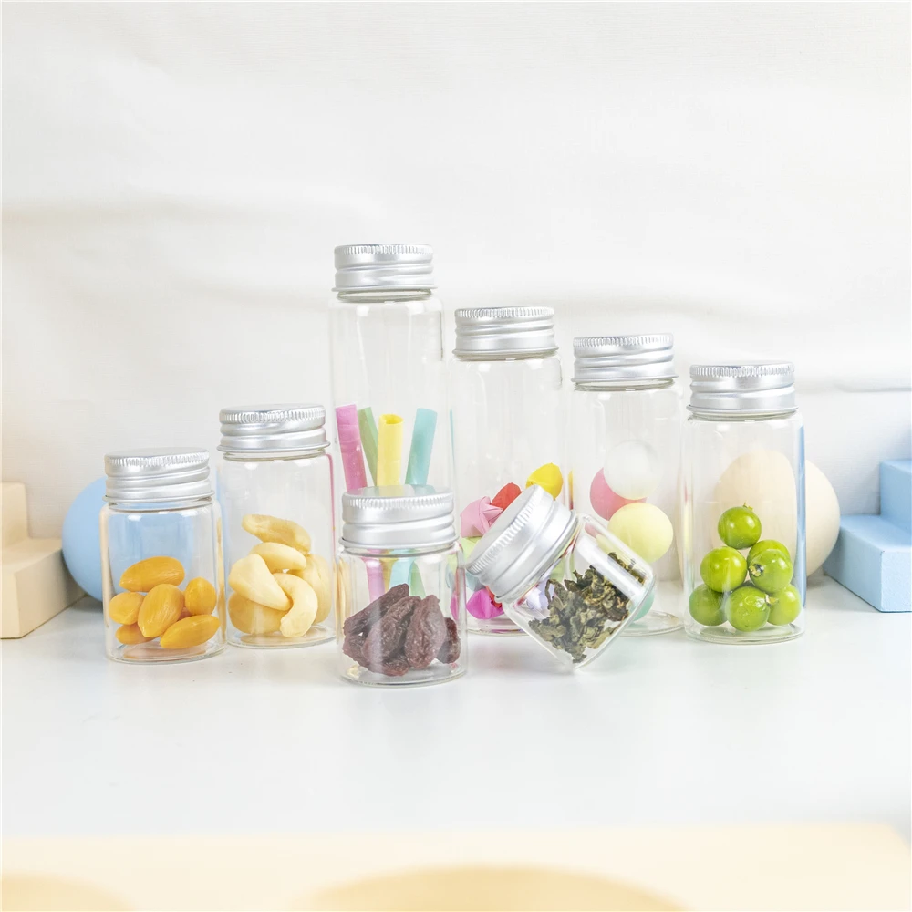 직경 37mm 투명 빈 유리병 25ml 30ml 40ml 50ml 60ml 70ml 80ml 90ml 실버 알루미늄 뚜껑 리필용 약병