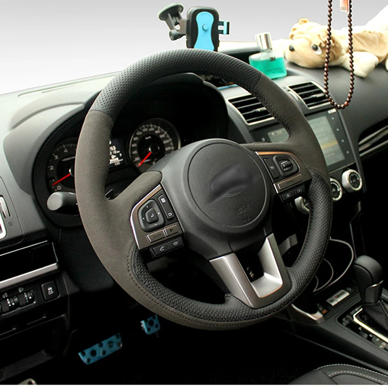 

For Subaru Outback 2016 Black Suede Leather Steering Wheel Cover Marker Stitch Wrap Cover