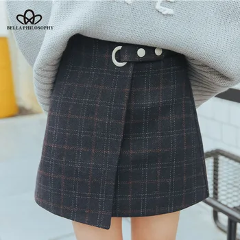 

HStar 2020 Spring Women Vintage High Waist Plaid Skirt Preppy Style A-Line Thickened Woolen Plaid Female Cute