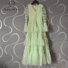 SEQINYY słodka sukienka Midi letnia wiosna nowa moda projekt kobiety Runway Dot Mesh Ruffles kaskadowe elegancka party-line