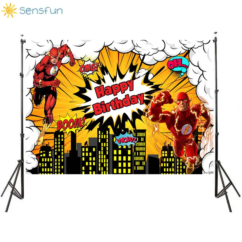 Sensfun Comics Superhero Theme Birthday Background Photo Customized The Flash Backdrops Children's Birthday Party Supplies 7x5ft