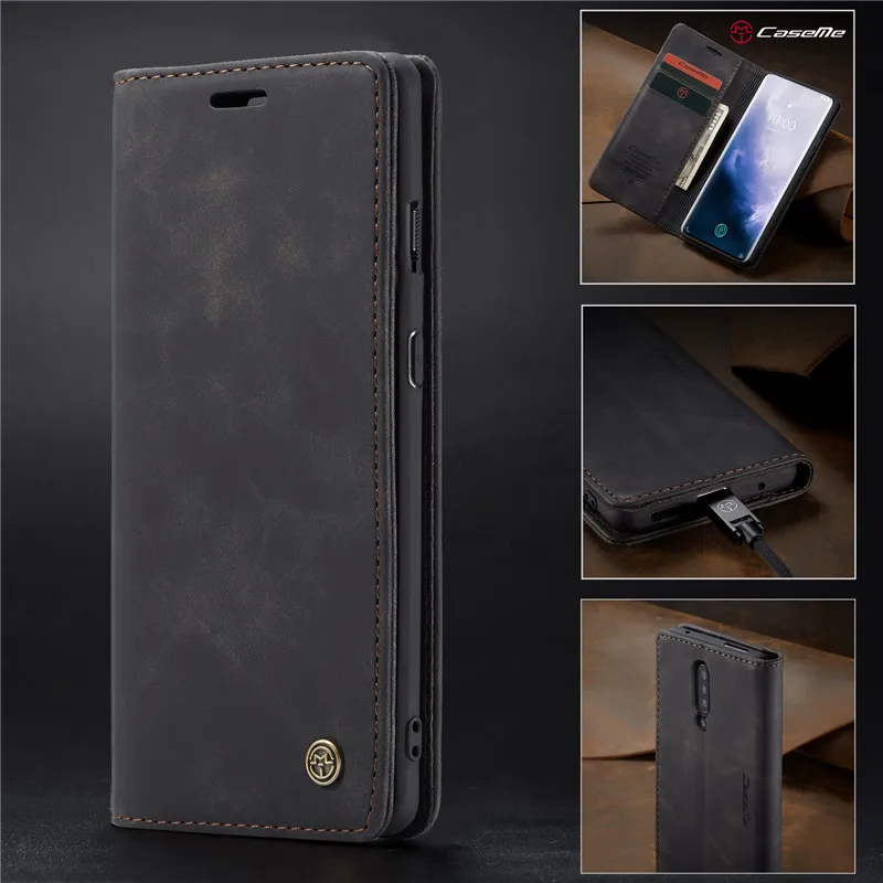 CaseMe Высокое качество Ретро Магнитный Флип-Стенд кожаный чехол для OnePlus 7 Pro кошелек чехол для One Plus 7 чехол для телефона Coque - Цвет: Черный