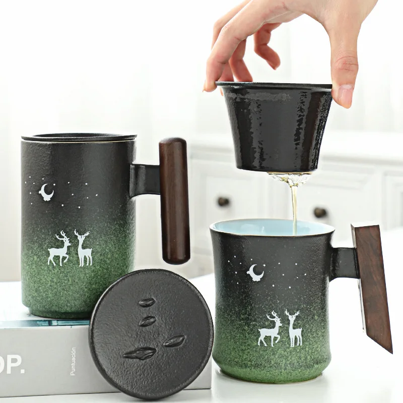 

Ceramic Retro Coffee Cup Office Home Couple Water Cup Filter Tea Cup with Cover Cups and Mugs Wooden Handle Caneca Birthday Gift