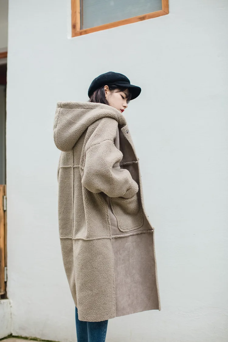 Зимнее пальто из овечьей шерсти, женское меховое пальто свободного кроя, плотное, выше колена, замшевое, с капюшоном, средней длины, хлопковая стеганая одежда, хлопковое пальто