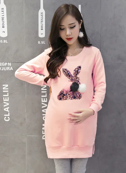 Pink common Толстовка средней длины с капюшоном Осенняя коллекция одежды для беременных и зимняя одежда бархатная толстовка с капюшоном вырез лодочкой с блестками пушистый шар для беременных женщин - Цвет: Pink common