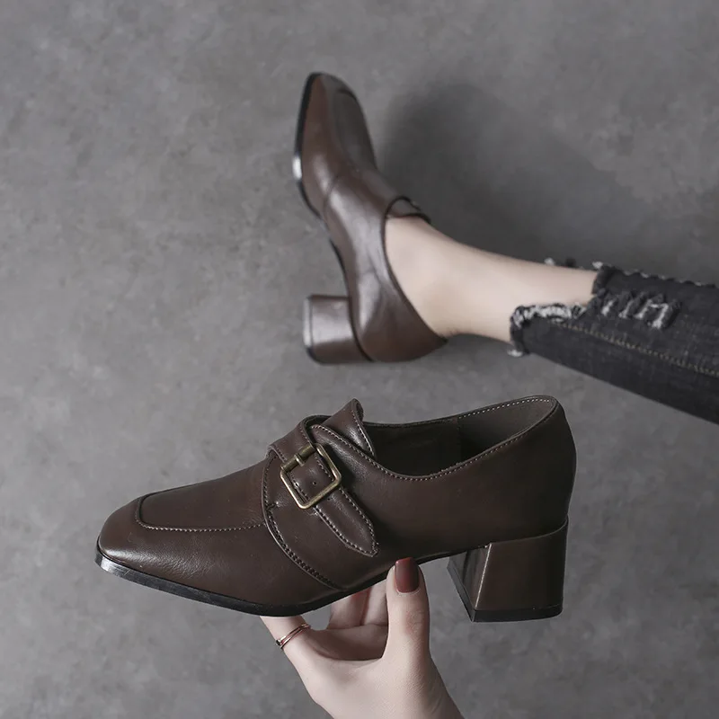 

Square Head Chunky-Heel Small Leather Shoes Women's 2019 Spring And Autumn New Style Versatile British Style Women's Network Red