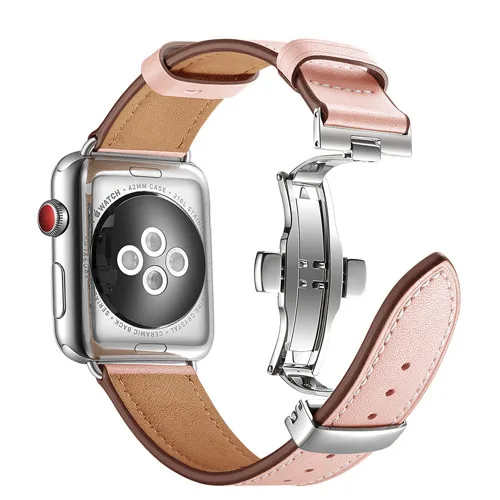 Итальянский ремешок из натуральной кожи для Apple Watch, 4 ремешка, 44 мм, 40 мм, iWatch, 42 мм, 38 мм, браслет с бабочкой и пряжкой, Apple Watch 3, 2, 1 - Цвет ремешка: Silver Pink