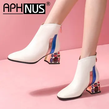 

APHNUS Womens Boots Mixed Colors Rhinestone Short Ankle booties Low Mid Heels PumpsWoman 2020 Shoes For Women New Boot