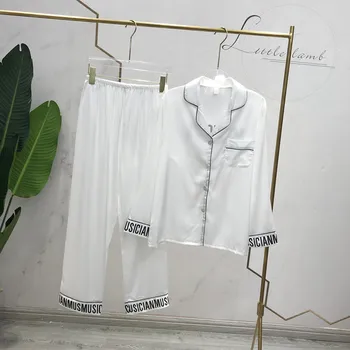

Fiklyc New Pajamas Ladies Spring Ice Silk Long Sleeve Suit Thin Section Cartoon Lapel Silk Home Service Woman Pajama Set