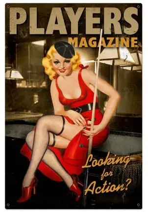 

Old Time Signs Players Pool Girl Metal Sign Wall Decor 24 x 36