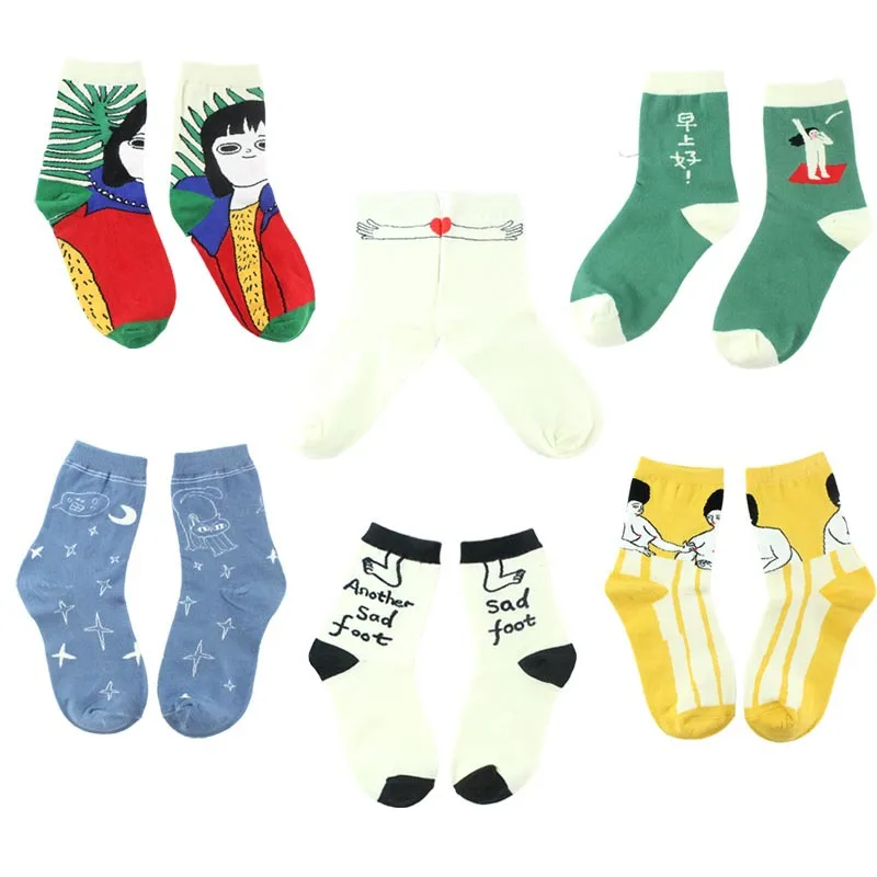 Носки для взрослых Звезда Луна кошка котенок простой чертеж линии Вестерн абстрактная живопись хорошее утро быть обнаженной Любовь руки Sad Foot Art Sox