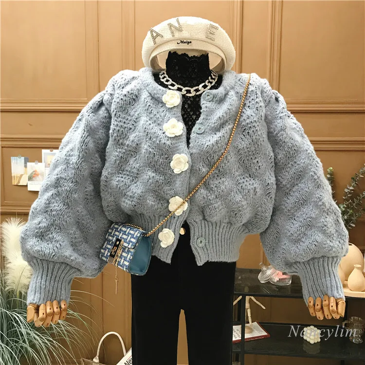 

Three-Dimensional Flower Breasted Cardigan Women's Spring Clothes Korean Style Short Pure Color All-Matching Knitted Coat Lady