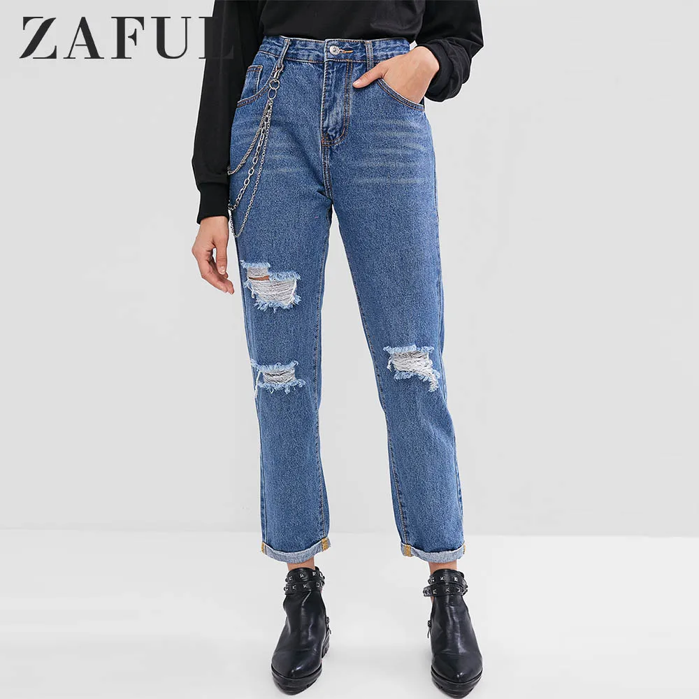 ZAFUL новинка украшенные цепочками рваные джинсы с высокой талией на молнии