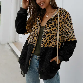 

hot sale jacket women fashion Leopard Print Patchwork Fleece Long Sleeves Zipper Keep Warm Coat manteau femme hot