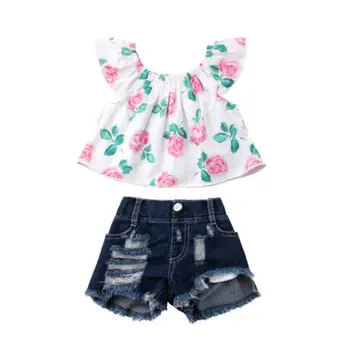 

Toddler Baby Girl Floral Vest Crop Tops Short Ripped Denim Pants Outfits Clothes