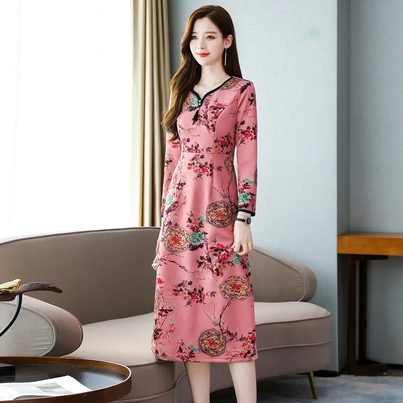 

Improved Cheongsam Dress Women's Autumn 2019 New Style Fashion Elegant Ethnic-Style Early Autumn Popular Printed Skirt Fashion