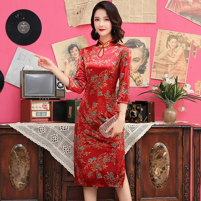 Зеленый воротник мандарина китайские женские Cheongsam с цветочным принтом велюровое вечернее платье 3/4 рукав длинный Qipao большой размер 3XL-6XL - Цвет: Красный