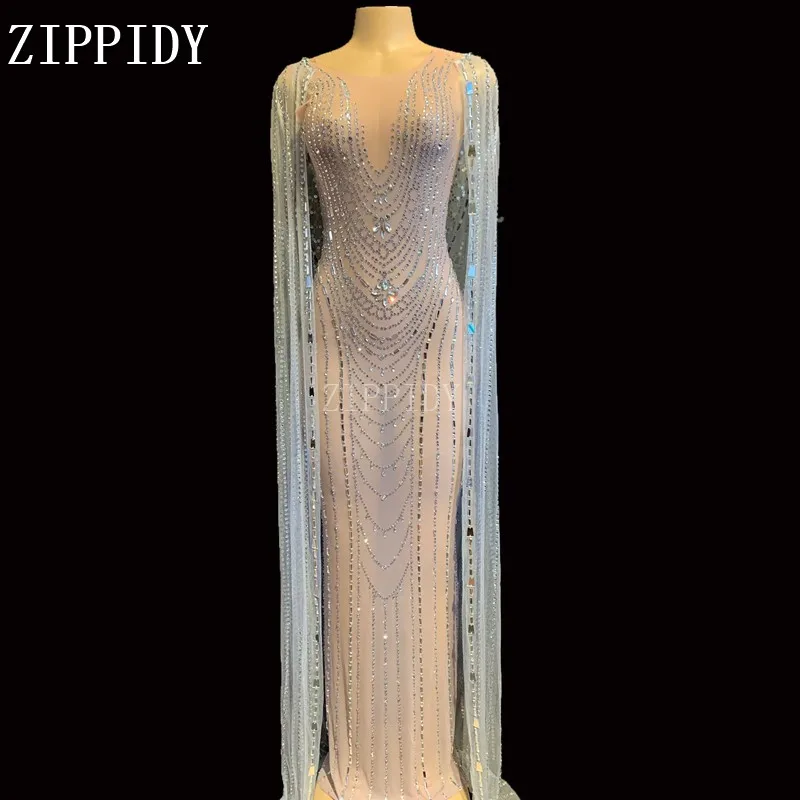 Мигающие серебряные стразы на сетчатой основе длинное платье зеркальный плащ наряд женский день рождения Празднование платье сцена Выпускной платье YOUDU