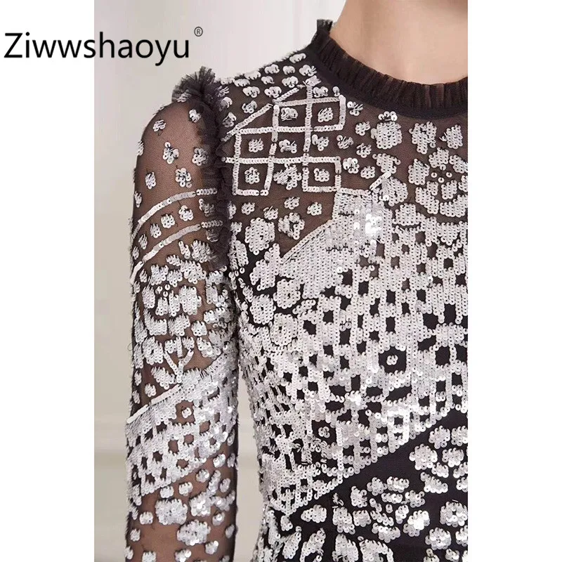 Ziwwshaoyu пикантные Черные Сетчатые вечерние мини-платья с пайетками и вышивкой Женская мода с длинным рукавом осеннее платье высокого класса