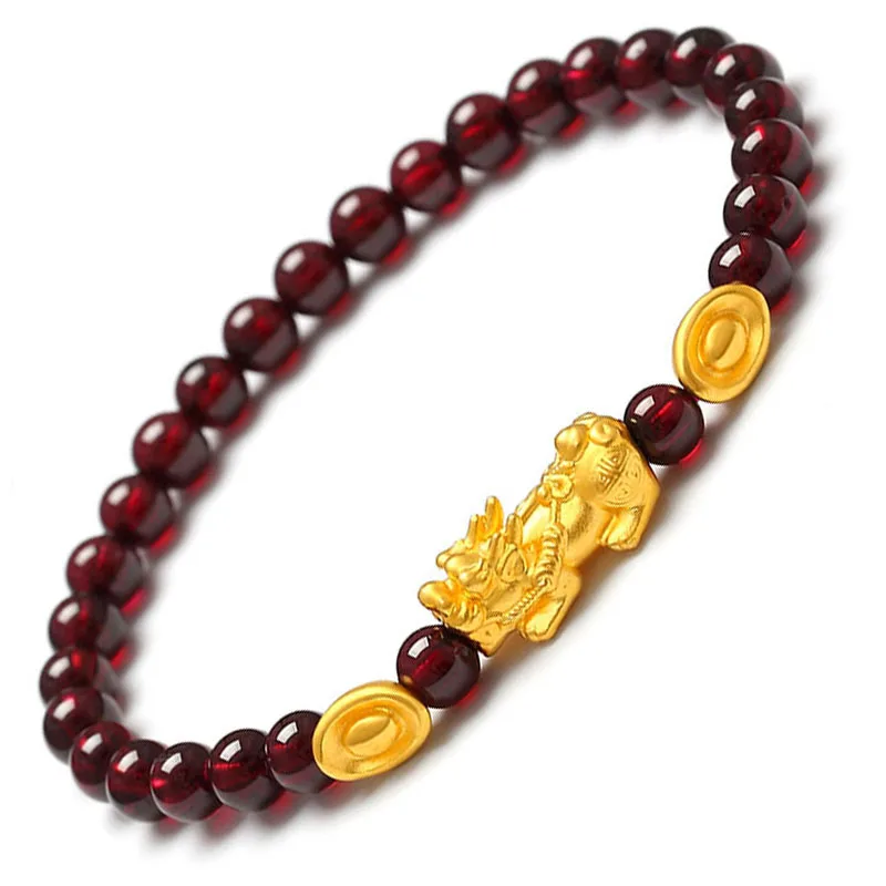 Браслет из настоящего желтого золота 24 К браслет с объемными бусинами Pixiu Yuanbao