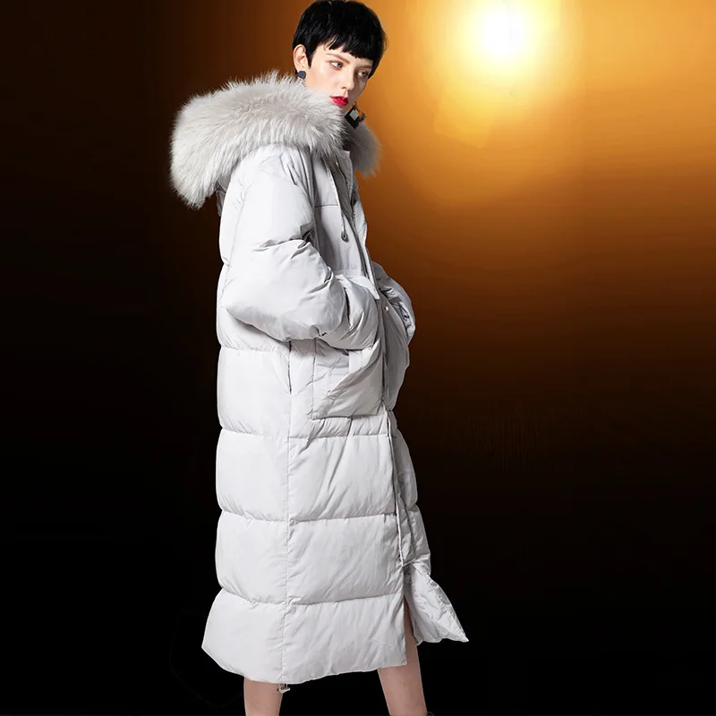 

Women's Winter Down Jacket Long Coat Korean 90% White Duck Down Coats Puffer Jacket Big Raccoon Fur Collar 182010 J2806