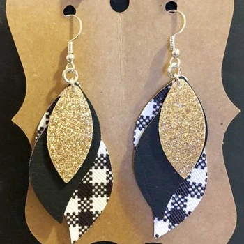

Customize Yellow Black And White Plaid Glitter Faux Leather Earrings 3 Layers Dangle Earrings