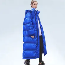 Блестящая зимняя куртка женская х-длинная парка с капюшоном Свободная верхняя одежда мода плюс размер пуховые куртки пуховые пальто женские 1102