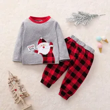 Рождественские комплекты одежды для маленьких мальчиков и девочек; пижамы с длинными рукавами в клетку с принтом Санты; одежда для сна; комплекты одежды для мальчиков и девочек с надписью «My First christmas»
