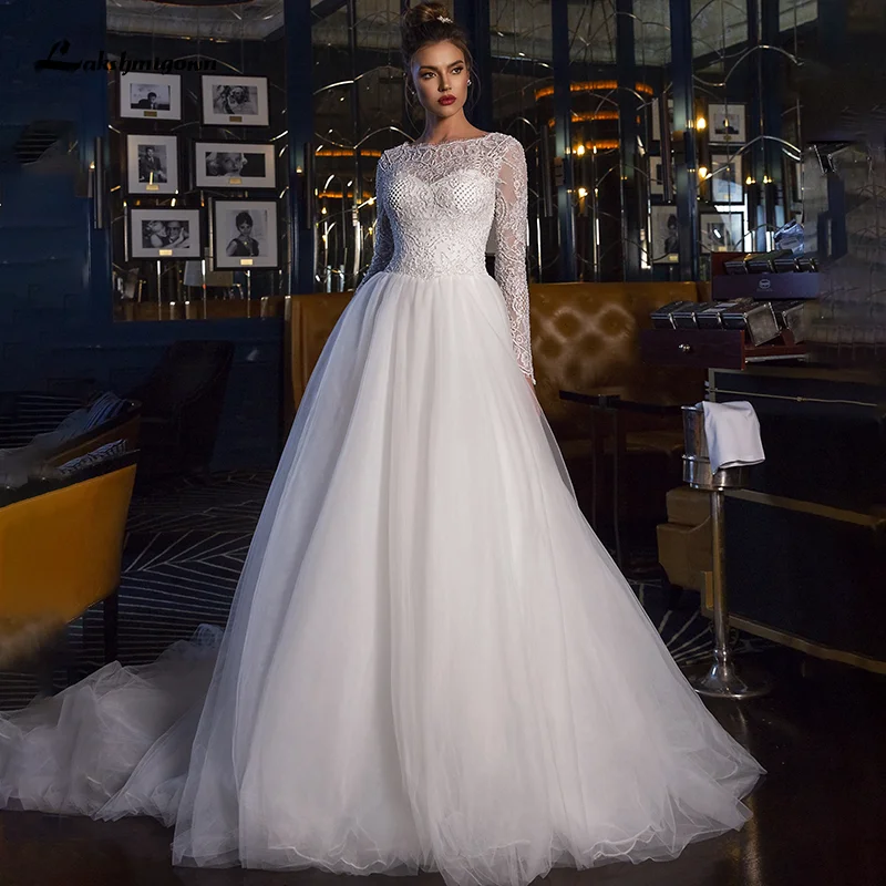 

Lakshmigown A-Line Wedding Dress with Long Sleeve Luxury Beaded Lace Appliques Sexy Tulle Princess Bride Gowns Vestido De Noiva
