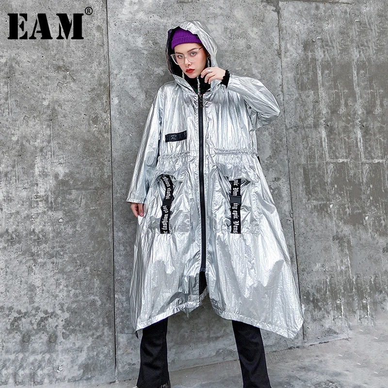 

[EAM] Loose Fit Asymmetrical Split Big Size Long Jacket New Hooded Long Sleeve Women Coat Fashion Tide Spring 2020 1R443