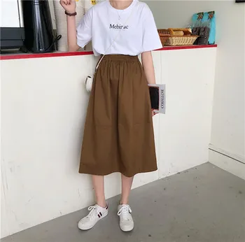 

Solid Elastic Hig Waist A-line Skirt Causal Loose Basic Hit Hot Sale College Wind 2020 Summer Spring Female Women Skirts