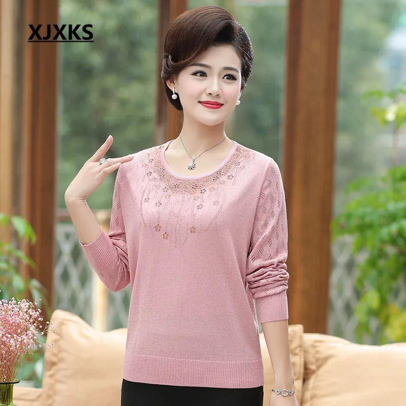 XJXKS Fashion embroidery cashmere knitted sweater women's pullover autumn winter new women's sweater bottoming shirt - Цвет: Розовый