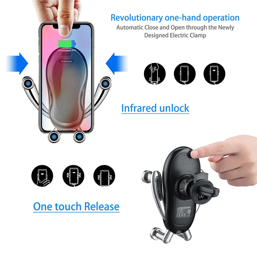 Автоматическое автомобильное беспроводное зарядное устройство для телефона с инфракрасным держателем 10 Вт Быстрое Qi быстрое автомобильное зажимное крепление для iPhone 11 XS XR X 8 samsung S10 S9