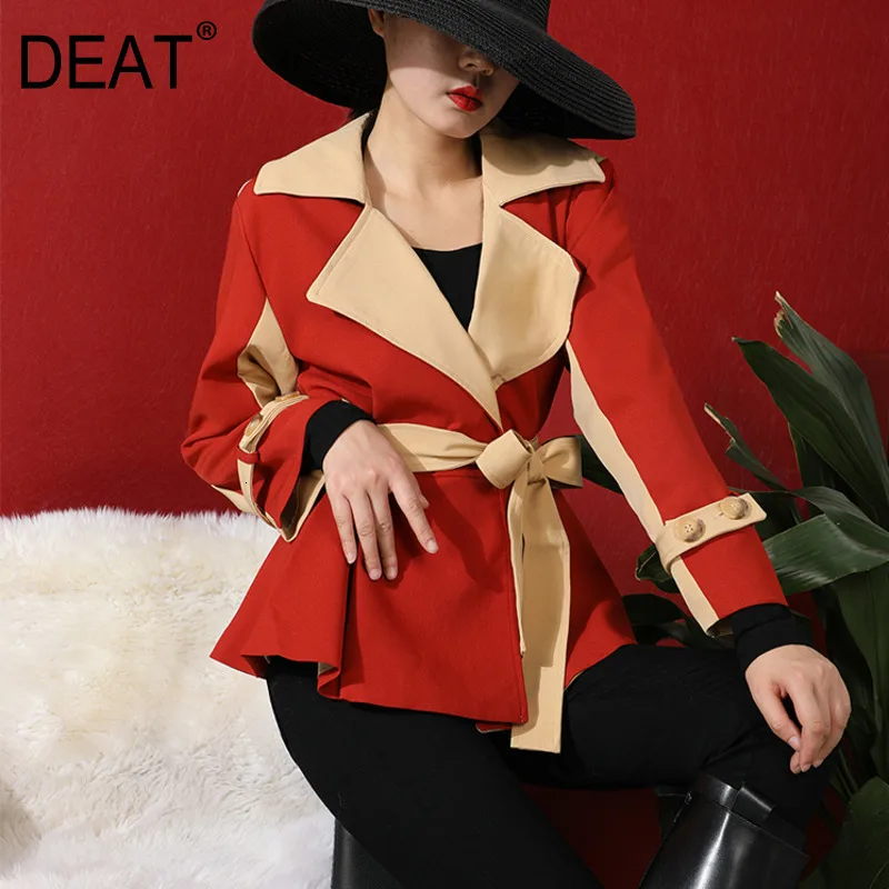 

DEAT 2020 new autumn and winter fashion women clothes turn-down collar full sleeves PU red beige color patchwork high waist