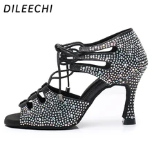 DILEECHI туфли для латинских танцев; черные стразы; блестящие женские туфли для бальных танцев; вечерние туфли для сальсы; регулировка ширины