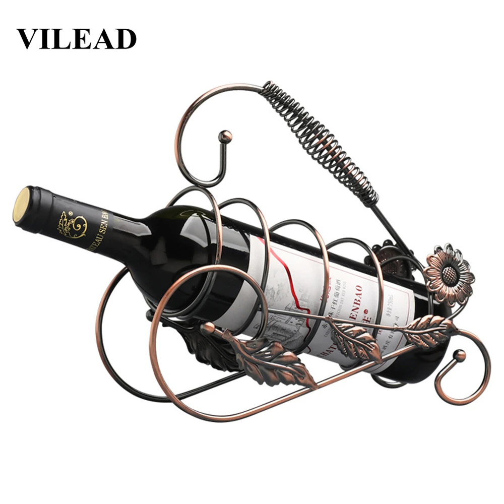 

VILEAD 22cm Iron Sun Flower Leaf Wine Rack Figurines Portable Wine Bottle Holder Creative European Retro Porch Decorative Crafts