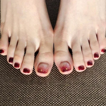 

hot selling Small Star Design ladies DIY False Toe Nails Gradient Wine Red Artificial Press On Toenails Fake Nails with Glue