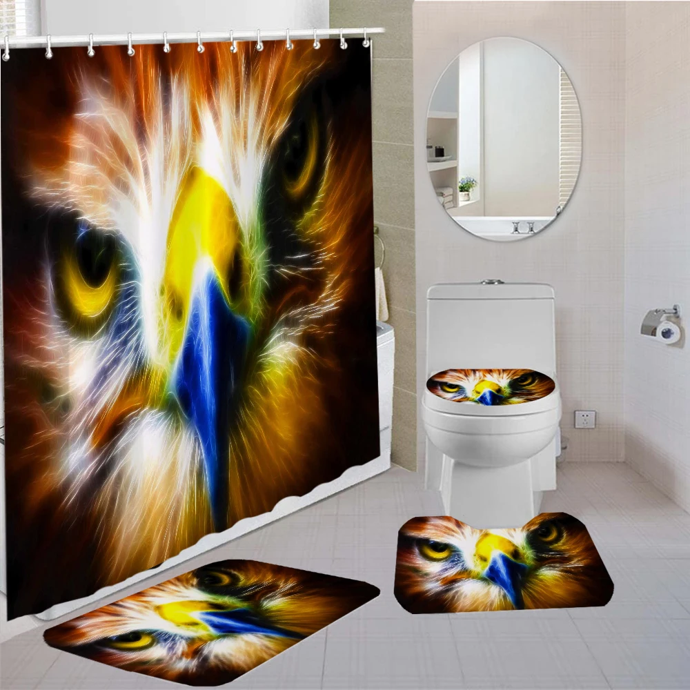 

3D Printed Eagle Shower Curtain 16PCS/Set Anti-skid Rug U-shaped Mat Toilet Lid Cover Bath Mat with 12 Hooks Bathroom Decor