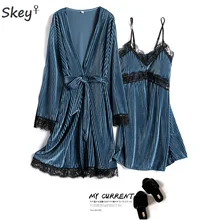 Золотые бархатные теплые зимние пижамные комплекты из 2 предметов, женский сексуальный кружевной халат, платье, пижама, комплект ночного белья без рукавов, комплекты ночного белья